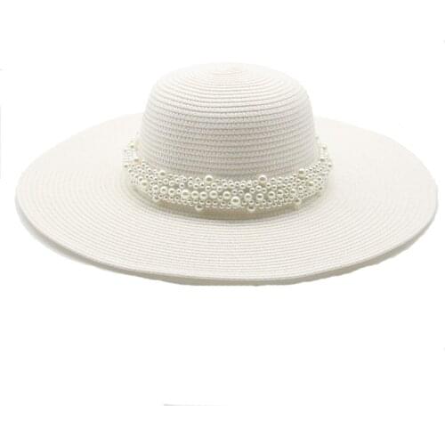 Sun hats women solid white black blue pearl band round top summer hats sun protection big brim casual sun protection straw hats