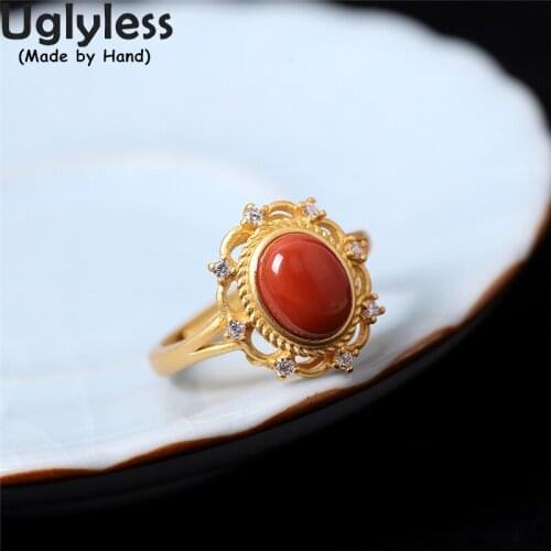 Uglyless Luxury Palace Design Hollow Crystals Garland Vintage Jewelry for Women Real 925 Silver Open Rings Natural Agate Rings