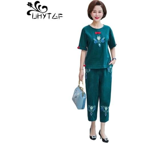 UHYTGF 2 piece sets women outfits soft comfortable cotton and linen summer set female embroidery spring tracksuit women 4XL 1035