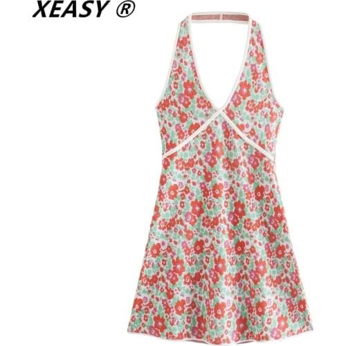 XEASY Za Dress Woman Knitted Floral Mini Summer Dresses Women 2021 Fashion Sleeveless Sexy Backless Short Dress Girl Vestidos