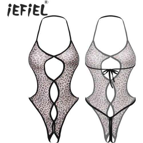 Womens Femme Lingerie Catsuit Hollow Out Crotchless Sissy Open Crotch Bodysuit Underwear See-through Mesh Teddies Nightwear