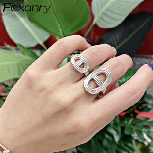 Foxanry 925 Sterling Silver Two-finger Rings for Women INS Fashion Creative Pig Nose Geometric Vintage Punk Party Jewelry Gifts