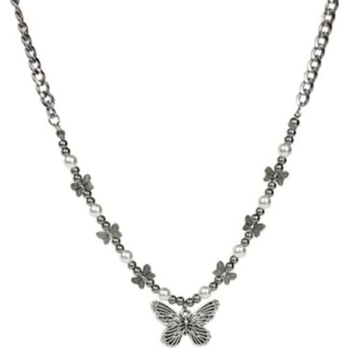 Gothic Butterfly Pendant Necklace for Women Choker Aesthetic Hippop Pearl Chain