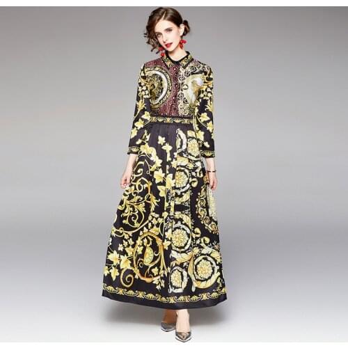Autumn Vintage Loose Maxi Dress Women Long Sleeve Shirt Collar Fashion Totem Printed Elegant Party Pleated Robe Vestido k7473