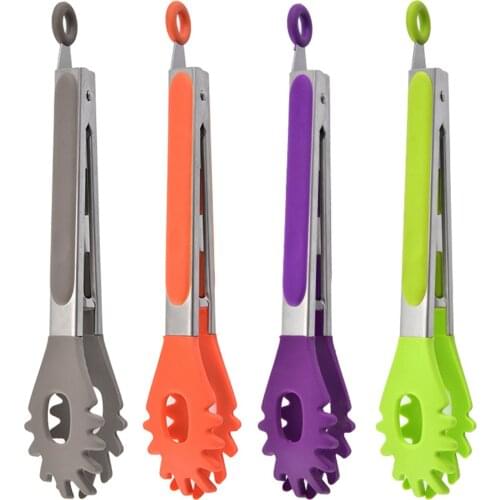 1Pc Silicone Non-Slip Food Tongs Stainless Steel Handle Food Serving Tongs BBQ Clips Noodles Clamp Heat Resistant Pasta Tools