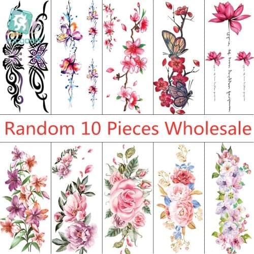 Rocooart 10 PCS Fashion Flower Temporary Tattoo Sticker Featuring Peony Peach Rose Butterfly Design Waterproof Body Art Tatoo