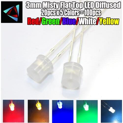 20pcs x 5 Colors = 100pcs 3mm 2pins Misty Flat Top LED Diffused White Red Yellow Blue Green Wide Angle light emitting diode lamp