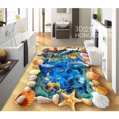 3d flooring bathroom sea world dolphin Custom Photo self-adhesive 3D floor PVC waterproof floor Home Decoration