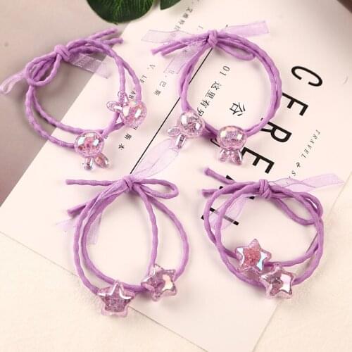 4pcs/lot Handmade Fashion Purple Shiny Beads Elastic Rubber Bands Headwear Women Girl Ponytail Hair Rope Child Hair Accessories