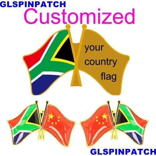 South Africa Crossed Friendship Flag Double Country lapel pin Brooch USA UK France Chile Russia Saudi Arabia Japan Spain Badge