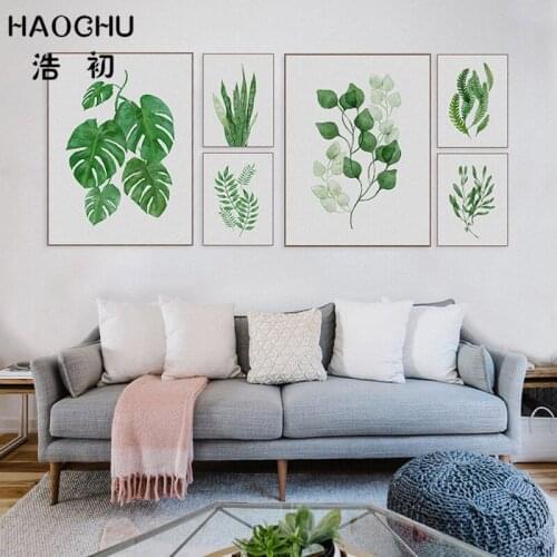 HAOCHU Watercolor Tropical Leaf Eucalyptus Grass Plant Canvas Painting Nordic Minimalist Art Print Wall Poster Living Room Decor