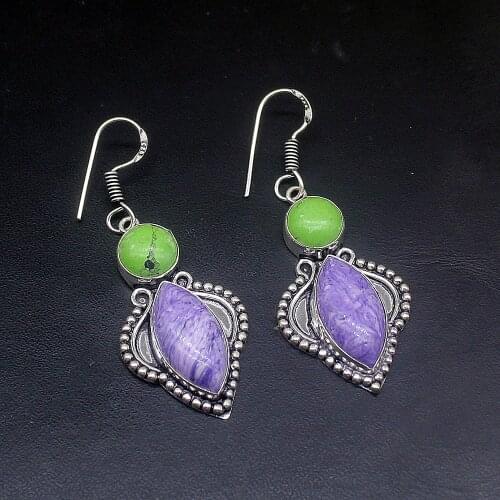 Hermosa Vintage Purple Charoite Green Turquoise Silver Color Jewelry Gifts Dangle Drop Earrings for Women Girls 2 Inch FQ227
