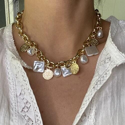 INS Retro Baroque Irregular Pearl Pendant Choker Necklace Hip-Hop Jewelry For Girl Punk Metal Charm Cuban Chains Collar Necklace