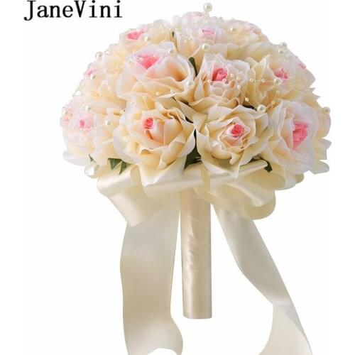 JaneVini Champagne White Bridal Flowers Bride Hand Bouquet Pearls Artificial Groom Flower Bouquet Brooch Mazzi Di Fiori 2018