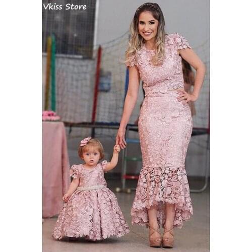 Blush Lace Mother And Daughter Evening Dresses Jewel Neck Mermaid Prom Gowns Formal Dress Two Pieces robe de soirée de mariage
