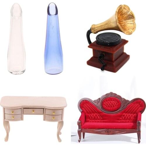 Dollhouse Miniature Unpainted Desk Table Vase Sofa Painting Mural Phonograph Model Doll House Furniture Toys Christmas Gifts