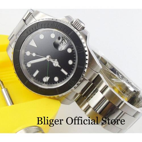 Mechanical Mens Watch With Auto Date Sapphire Glass Brushed Bezel Mental Strap GMT Hand 40mm Wristwatch