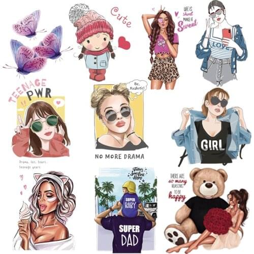 Fashion Girl Patch On Clothes Vinyl Heat Transfer Iron On Transfer For Clothing Stickers Russian Girl Stripes Cloth DIY Applique