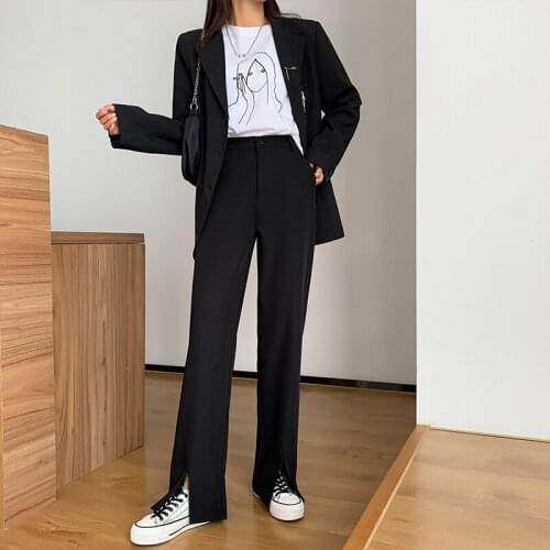Fashion womens suit pants 2021 new front slit suit pants loose straight high waist drape black wide-leg pants