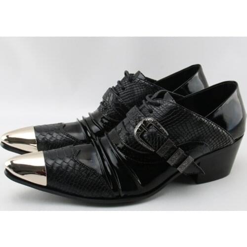 Middle Heel Pattern Men Party Leather Shoes Metal Pointed Toe Formal Dress Shoes Wedding Prom Male Buckle Oxfords Shoes White