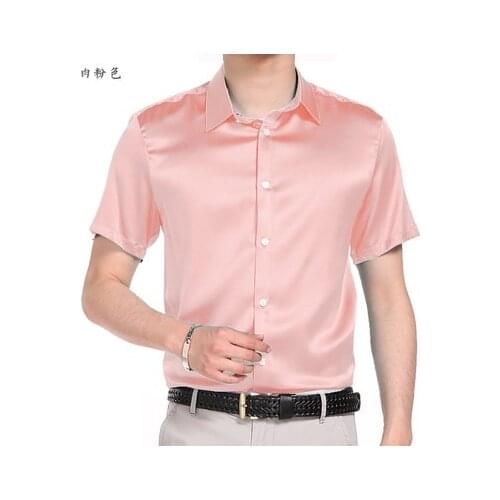 The new 2020 summer pure color silk shirts with short sleeves high-end cultivate ones morality mens shirts pink