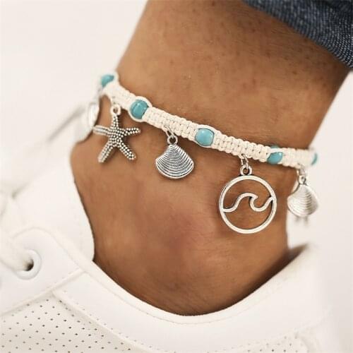 New beach foot accessories rope style starfish wave pattern Shell Pendant inlaid with pine stone Anklet