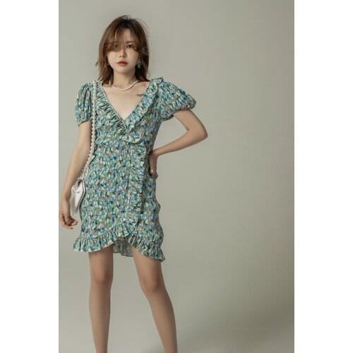 Vacation Fashion Deep V Collar Lace Ruffles Folds Puff Sleeve Green Print A-Line Mini Dress Fresh Sweet Women Summer Clothes