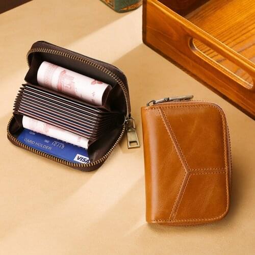 RFID Protection Men Women Business Card Holder Genuine Real Leather Zipper Coin Purse Wallet Unisex Credit Bank Card Case