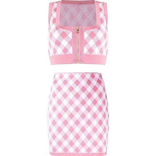 S-XL High Quality 2021 New Fashion Knitted Pink Plaid Sling Top Zipper Slim Bag Hip Mini Skirt Woman Casual Suit