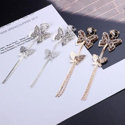 Clip On Earrings Butterfly Dangle Long Crystal On Metal Luxury Without Piercing Wedding Earring Women Ladies Jewelry