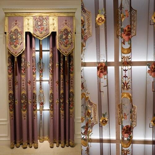 Custom curtains High-grade thick chenille luxury European embroidery purple cloth blackout curtain tulle valance drape