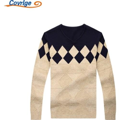 Covrlge Sweater New Autumn Winter Youth Korean Knit Sweater Slim Fit Jacquard Checkered Comfortable Warm V-neck Top MZM099