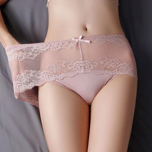 Womens Lace Panties Sexy Mesh Underwear Quality Health Knickers Playful Bow Decorate Transparent Comfortable Plus Size Briefs
