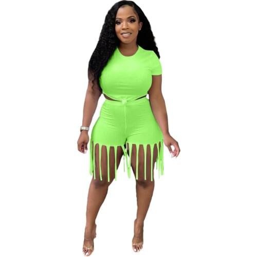 Solid Color Tassel Biker Shorts Sets 2021 Summer Women Short Sleeve O Neck Crop Top Solid 2 Piece Set Tracksuit Plus Size S-XXL