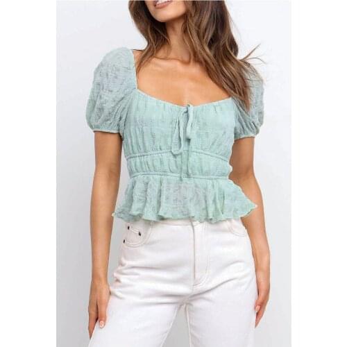 Casual green pleated chiffon shirt summer Ruffled puff sleeves square neck t-shirts women Holiday short top bow