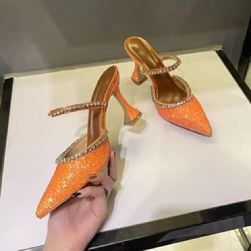 Spring and Summer Pointed Toe Strap Closed Toe High Heel Sandals Rhinestone Leopard Print Outerwear Muller Womens Slippers