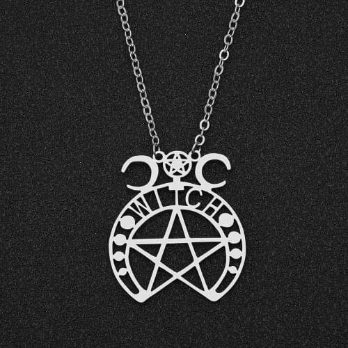 Women Stainless Steel Chains Necklace Silver Color Witch Star Moon Pendant Necklace Female Fashion Jewelry Gift LGS1744