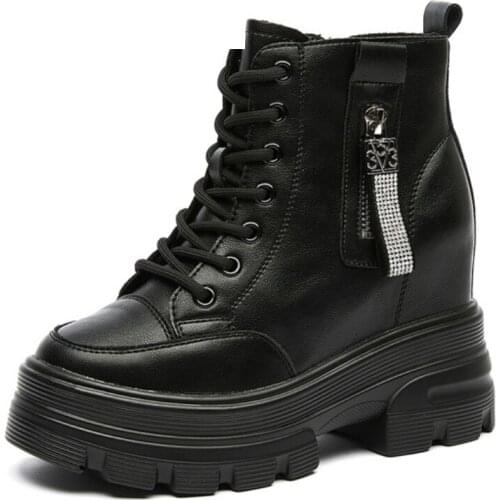 Koznoy 9.5cm Genuine Leather Platform Wedge Women Shoes Sneakers Hidden Heel Increased Zipper Women Ankle Boots Fashion Booties