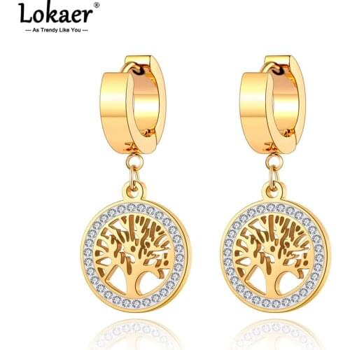 Lokaer Trendy Titanium Stainless Steel Bohemia Party Hoop Earrings CZ Crystal Tree Earrings Jewelry For Women Girl Серьги E21029