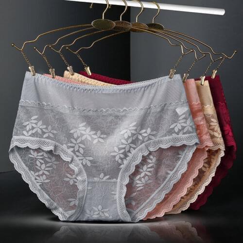Womens Panties Lady Big Briefs High Waist Sexy Lace Transparent Printing Underpants Plus Size Underwear Female L-2XL