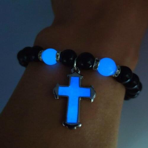 Simple Vintage Cross Beads Fluorescence Bracelet Women Glowing Charm Bracelets Fashion Natural Stone Luminous Men Jewelry