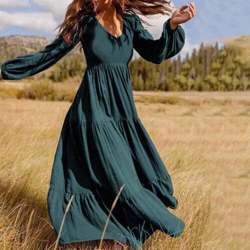 Women Dresses 2021 Autumn Stylish Ruffle Maxi Dress Loose Casual Long Sleeve Oversize Vestidos Female Elegant Solid Color Robe