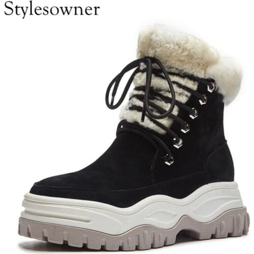 Stylesowner 2018 Winter Keep Warm Fashion Snow Boots Real Fur with Plush Cow Suede Thick Bottom Lace-up Female Snow Boots
