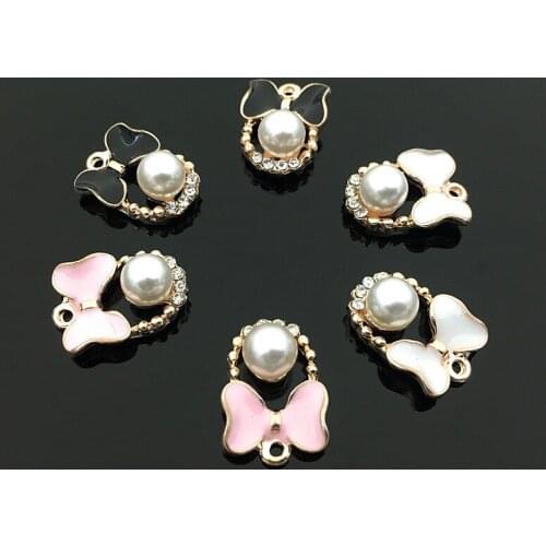 50 PCS 13mm*18mm Fashion Metal Alloy Imitation Pearl Crystal Rhinestone Bowknot Pendant Charm For Jewelry Making