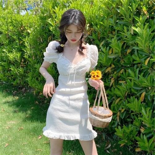 White Dress Summer Dress Waist Waist Was Thin and Temperament Square Collar Puffy Sleeve French Dress