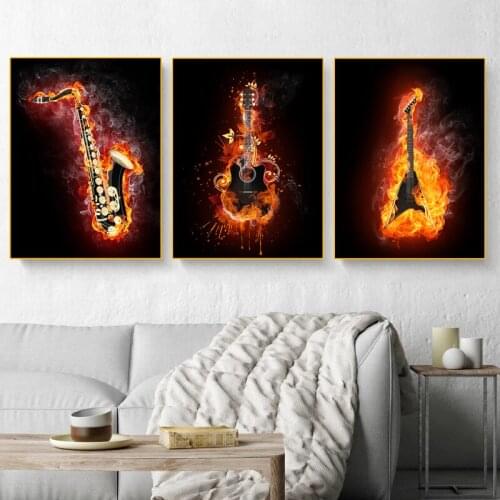 Burning Guitar Saxophone Canvas Painting Creative Musical Instrument Posters Prints Wall Pictures Modern Bedroom Home Decoration