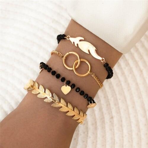 LETAPI New Bohemia Fashion Black Crystal Beads Bracelets Set Gold Color Leaves Heart Bracelet for Woman