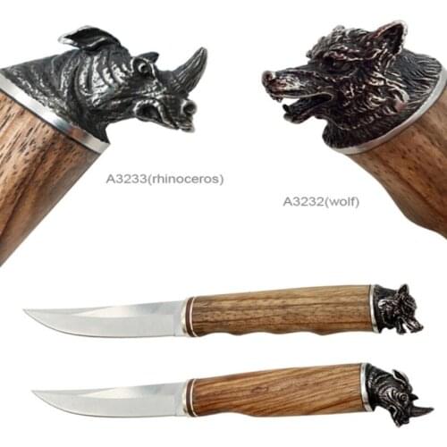 Handle a Wolf/rhinoceros head Straight Fixed Blade Knife Polished Sharp Blade Full Tang with Wood handle Pocket Knife Camping