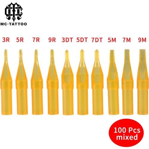 100-piece tattoo nozzle tips set, M / R/DT tattoo tips, mixed disposable sterile needle set individually packaged gold tube