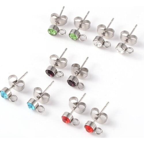30 Pair Stainless Steel Rhinestone Ear Stud Charm Components Stud Earrings Fashion Jewelry ,4mm, Hole: 1.8mm, Pin: 0.6mm F60